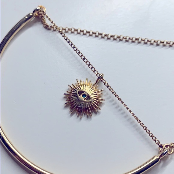 Evil Eye Half Circle Abstract Goldtone Necklace - Picture 2 of 5
